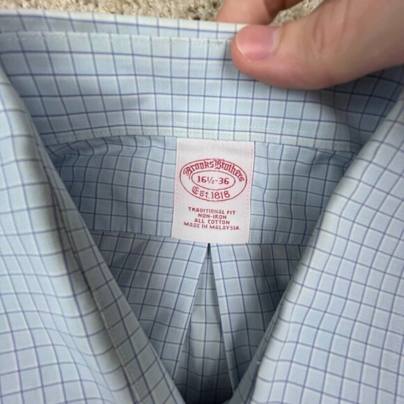 Brooks Brothers Button Up Dress Shirt 16.5 36 Blue Check Traditional Fit Cotton - Picture 3 of 10